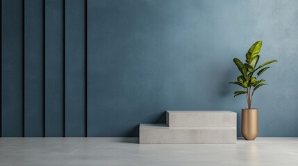 A minimalistic interior featuring a concrete step, a green plant in a vase, and a textured blue wall, creating a modern and serene atmosphere.