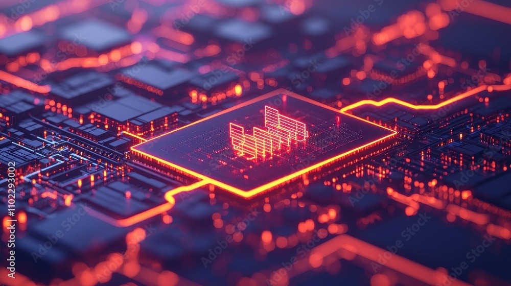 Poster abstract digital circuit board with glowing orange data visuals