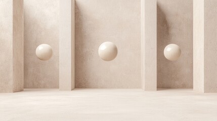 A minimalist interior featuring textured walls and spherical elements, creating a serene and modern aesthetic.
