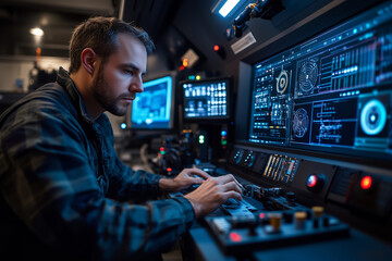 Operator fine-tunes CNC settings for precise machining in a modern workshop