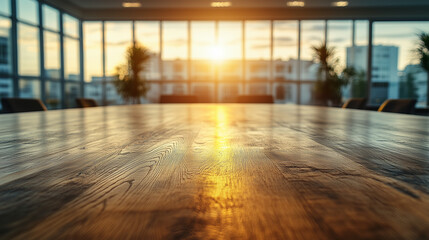 Closeup on an empty table at a business boardroom with big windows and an urban or city view at...