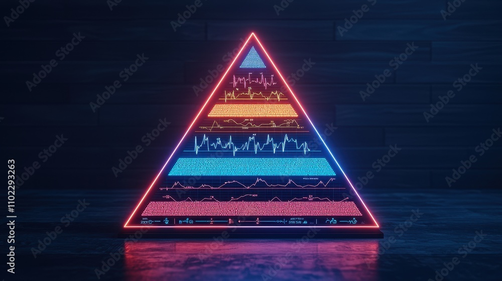 Poster neon pyramid chart with colorful data visualizations and graphs