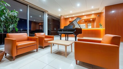 Elegant evening piano performance modern lounge interior design urban setting wide-angle view sophisticated ambiance