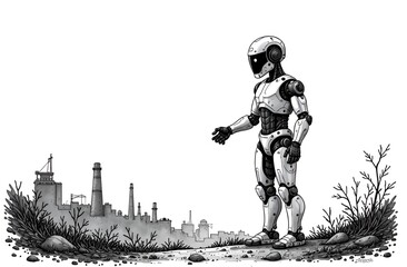Robot stands near the industrial city
