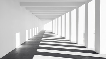 A minimalist interior space with white walls and beams, featuring long shadows on the floor, creating a serene and spacious ambiance.