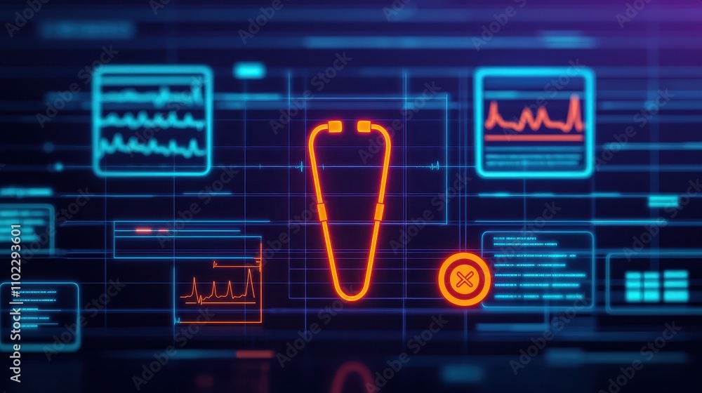 Poster digital medical interface with heart rate and diagnostics display