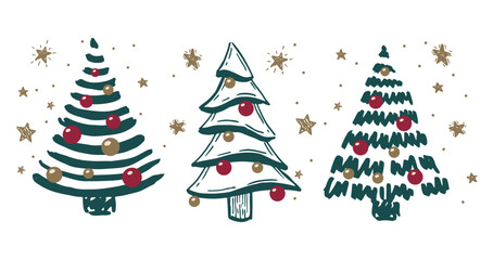 Christmas tree with ball hand drawn illustrations. 