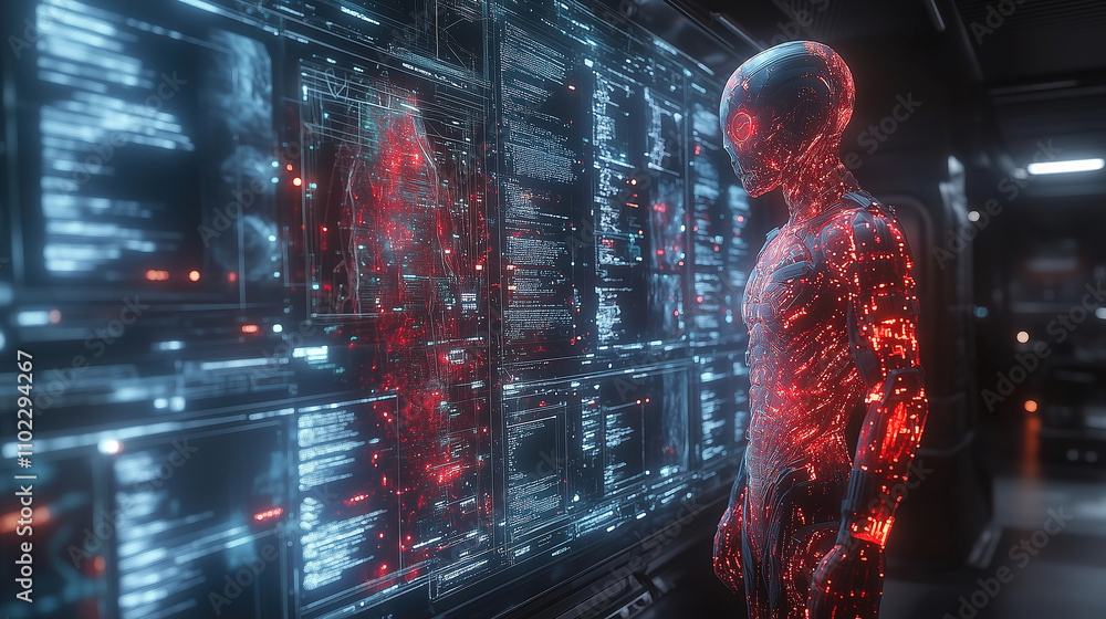Poster futuristic humanoid figure interacts with holographic data displays in a high-tech environment durin