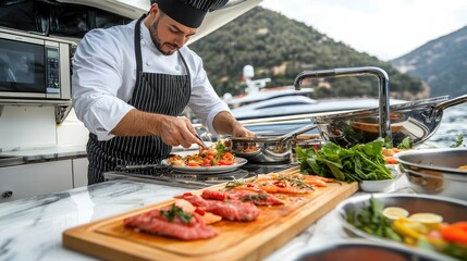 Culinary delight chef preparing fresh seafood dishes on a luxury yacht coastal setting gastronomic experience aerial view culinary art