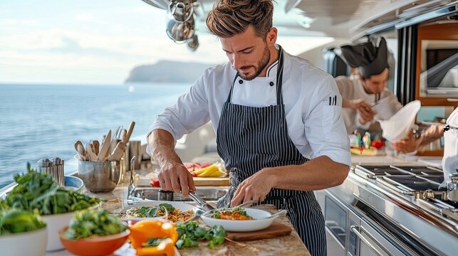 Naklejki Chef preparing gourmet dishes on luxury yacht ocean view culinary art seaside professional perspective for culinary enthusiasts