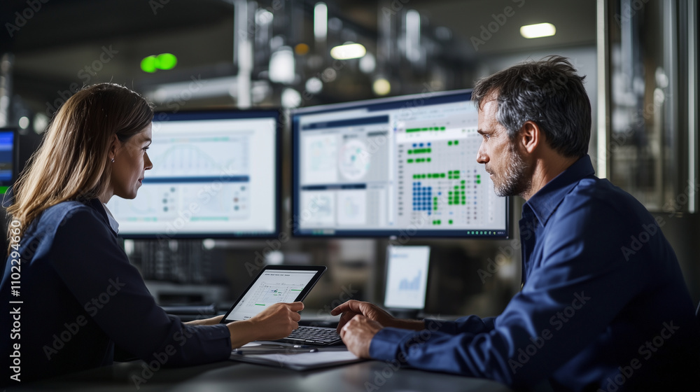 Poster industrial collaboration at scada station with operator and engineer