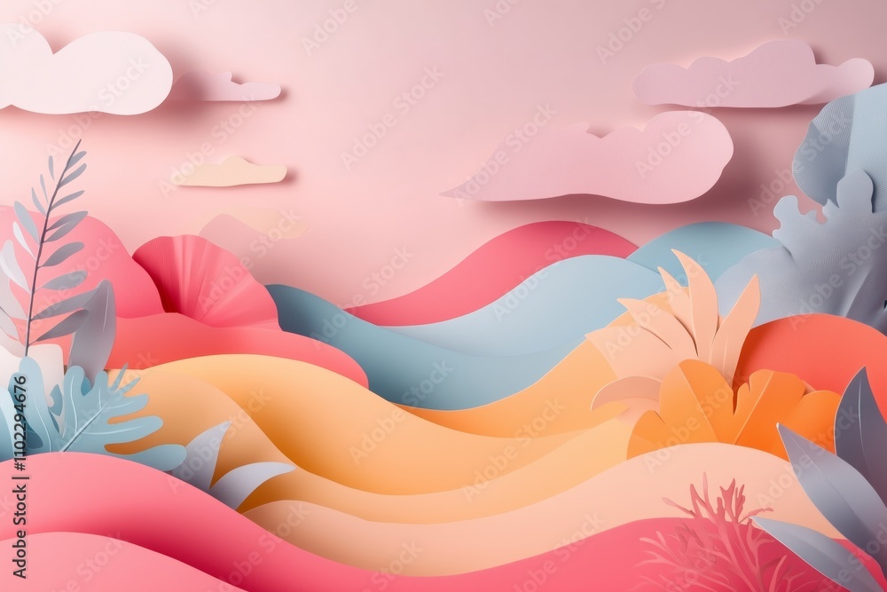 Poster paper cut design with 3d abstract shapes and colorful carved art, perfect for creating minimalistic 