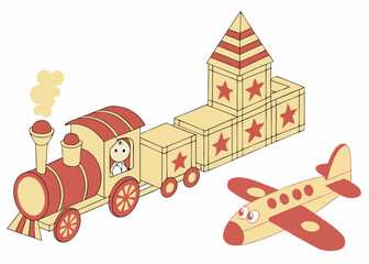 wooden toy building train blocks animal airplane for kids on white background.