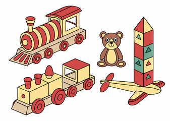 Naklejka premium wooden toy building train blocks animal airplane for kids on white background.