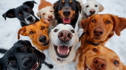 A group of dogs looking up at the camera in the snow