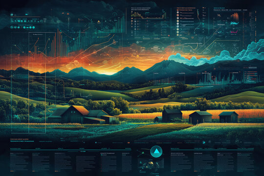 Exploring data visualization in an illustrative landscape at dusk - Powered by Adobe