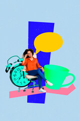 Vertical collage young woman employee office job worker alarm bell clock deadline textbox message say hour minute deadline coffee drink