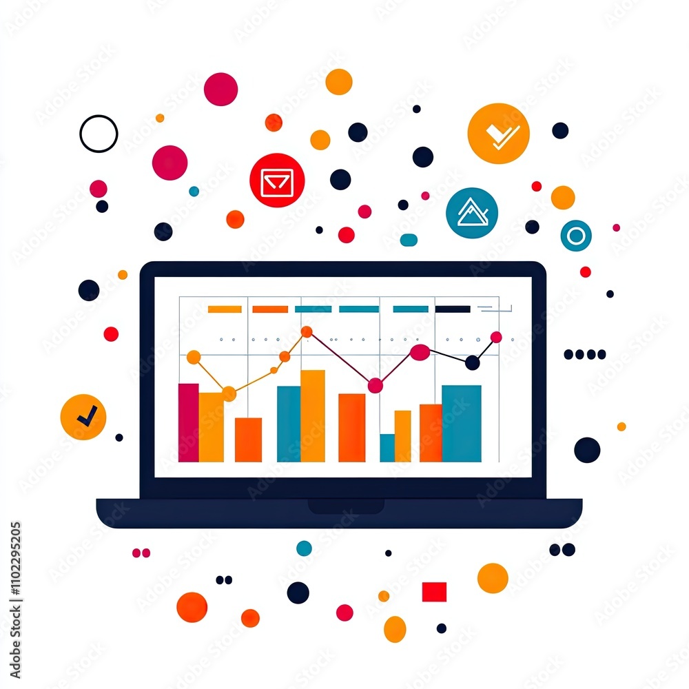 Poster analyzing business data trends on a laptop office setting infographic digital environment focused vi
