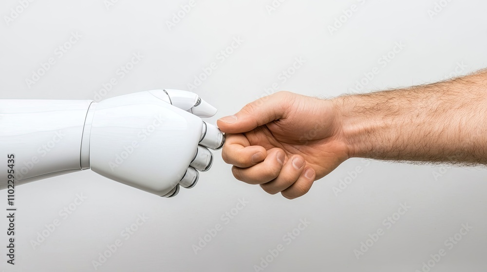 Poster human-robot interaction technology studio image capture minimalist setting close-up future collabora