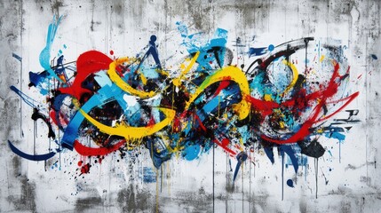 Naklejka premium Urban-inspired abstract background featuring vibrant splashes of red, cyan, and yellow paint against a distressed concrete texture. The raw, expressive composition evokes street art energy.