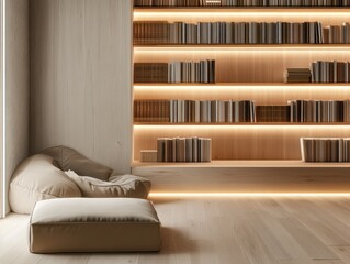 Minimalist Library Corner with Floating Wooden Shelves Modern Home Interior Design Cozy Environment Minimalism Concept