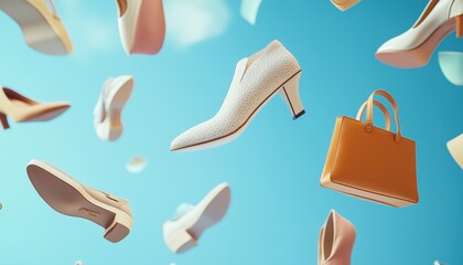 Fashionable Women'S Shoes And Accessories Soaring Through The Air On A Beam Of Light. Chic Women'S Handbags And Shoes. Modern And Stylish.