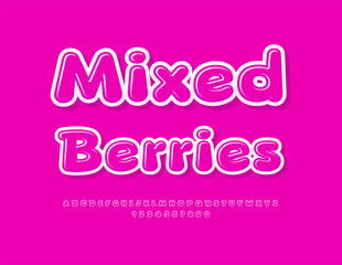 Vector sweet badge Mixed Berries. Pink Glossy Font. Bright Artistic Alphabet Letters and Numbers set. 