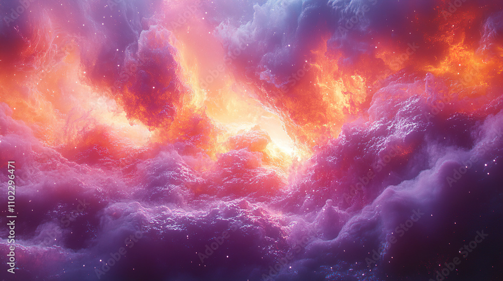 Poster vibrant cosmic clouds lit by fiery hues soar through the universe, creating a stunning celestial dis