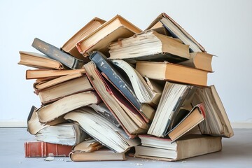 Obraz premium A chaotic pile of worn, vintage books showcasing their unique textures and colors.