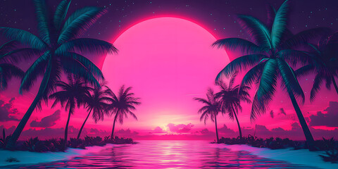 Outrun Synthwave style - 1990s retro aesthetic with palm trees and tropical sunset in pink and blue