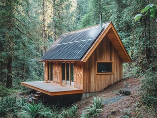 Off-Grid Solar Cabin Wilderness Escape Architecture Forest Environment Tranquil Sustainability Concept