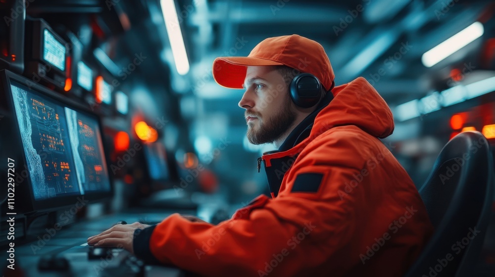Aufkleber focused technician in orange jacket working on advanced technology controls in a high-tech work envi