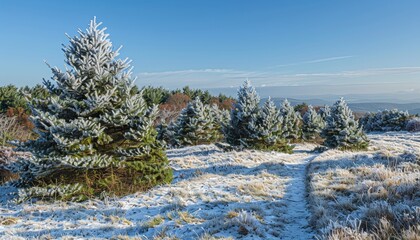 Scenic mountain trail blanketed in soft snow with pine trees beneath a clear blue sky
