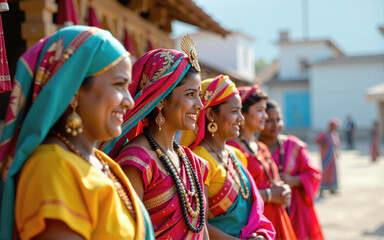 Group of smiling indian women wearing traditional clothing and jewelry
