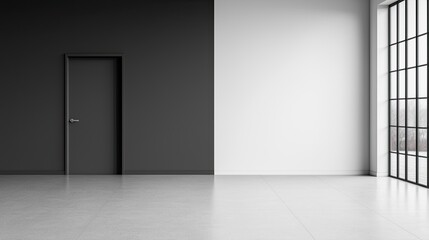 A minimalist interior featuring a stark contrast between a dark wall with a door and a bright, open space with large windows.