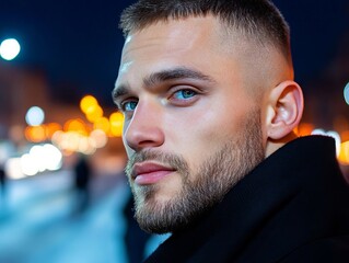 A man with a beard and a black jacket looking at the camera