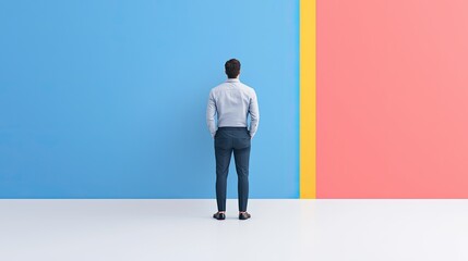 Obraz premium A man stands facing a vibrant wall divided into blue, pink, and yellow sections, symbolizing choice and contemplation.