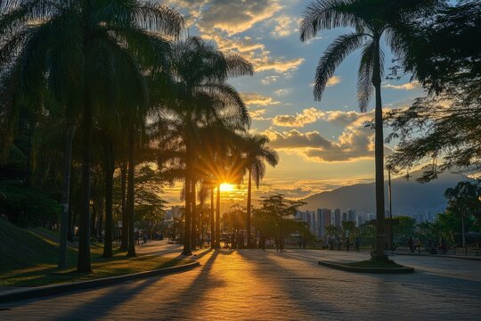 Medellin Sunset at Plaza De Botero with Street View and Coconut Palm Trees