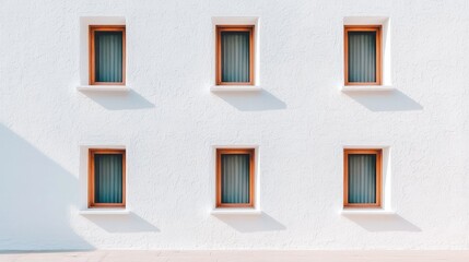 Fototapeta premium A minimalist wall featuring five evenly spaced windows, framed in wood, casting shadows on a smooth, white surface.