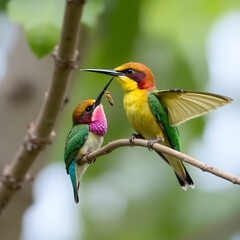 Obraz premium Bee eater trying to eat an insect next to another one on the tree branch