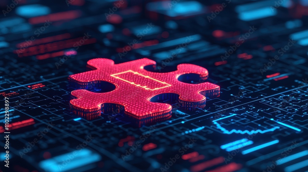 Poster red puzzle piece on futuristic digital background with data streams