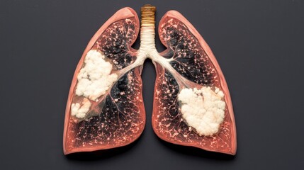 Detailed Anatomical Illustration of Human Lungs Featuring Soft White Patches and Enhanced Textural Elements, Showcasing Internal Structure for Educational Purposes