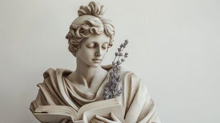 Detailed Virgo portrait with a book and sprig of lavender, exuding wisdom and calm, in earthy tones with soft natural lighting, set against a clean white background to highlight their refined features