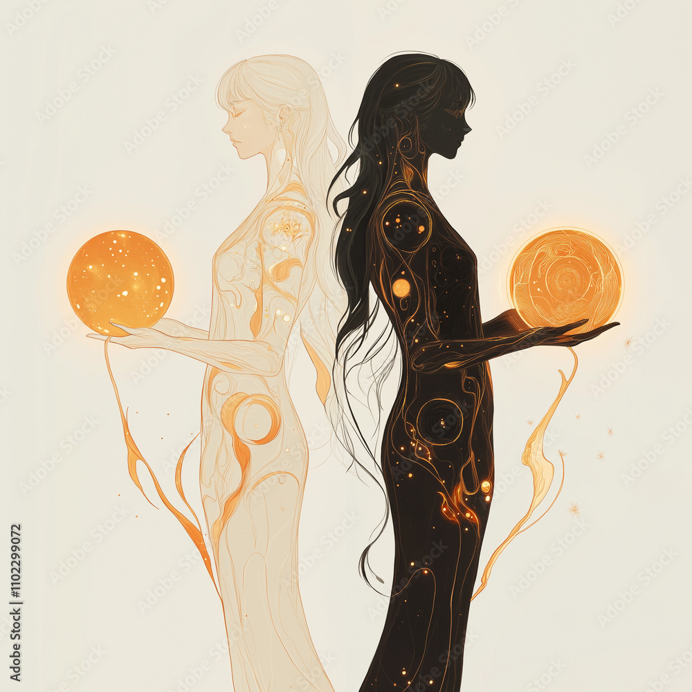 Wall mural dynamic gemini depiction with twin characters back-to-back, each holding a glowing orb, one light an