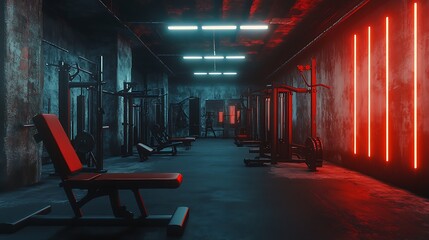 An abandoned industrial hall transformed into a contemporary workout area, clean and empty, with vibrant neon lights highlighting the industrial features in a dramatic photography setting.