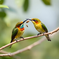 Obraz premium Bee eater trying to eat an insect next to another one on the tree branch