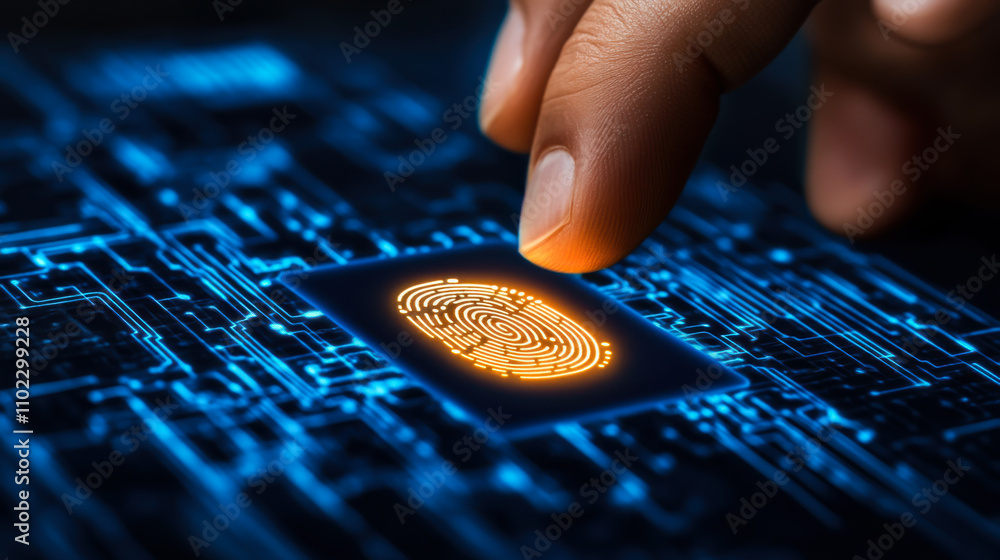 Aufkleber a person touching a glowing fingerprint sensor on a circuit board at night in a high-tech environmen