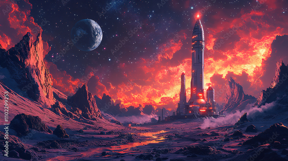 Aufkleber rocket launch site on a distant planet illuminated by fiery skies and a large moon in the background