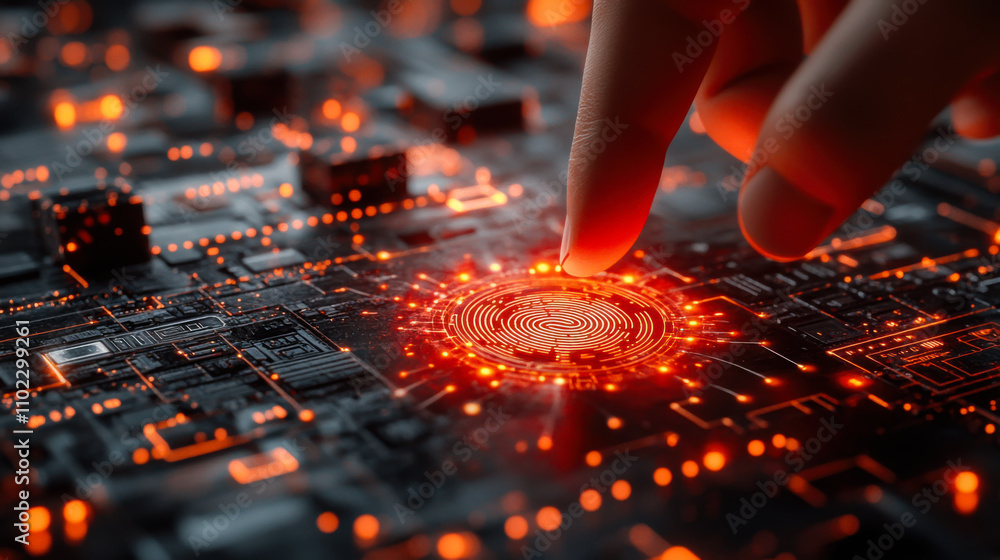 Poster a person touching a glowing fingerprint sensor on a circuit board at night in a high-tech environmen