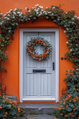 photo of white door with beautiful easter wreath, cozy yellow wooden house with easter decorations